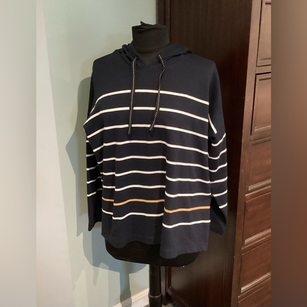 J. Jill Navy Striped Hoodie Sweatshirt